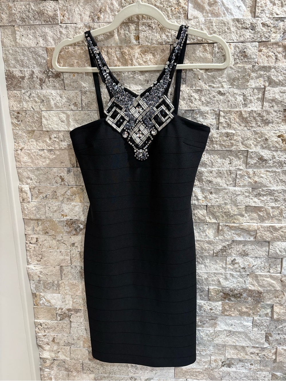 JS boutique Black Bandage Bodycon Mini Dress  Embellished Rhinestone Neckline‎